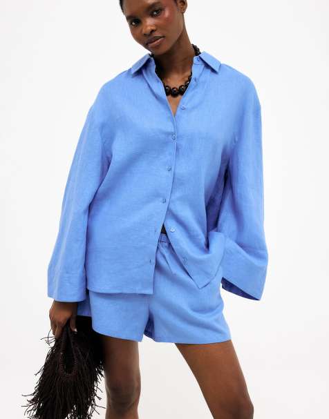 NA-KD Drawstring linen shorts in blue - view 1