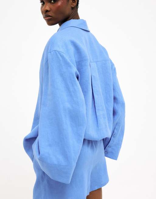 NA-KD Drawstring linen shorts in blue, 2 of 5
