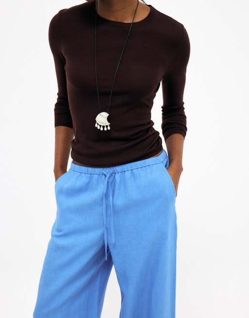 NA-KD Drawstring linen trouser in blue, 3 of 5
