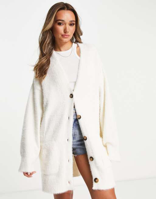 NA-KD - Ecrufarvet longline strikket cardigan med knapper 