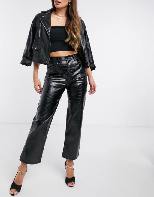 NA-KD embossed croc faux-leather pants in black | ASOS