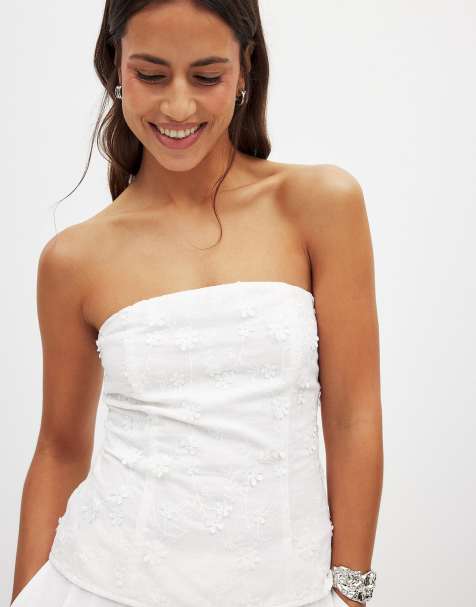NA-KD Embroidered bandeau top in white - view 1