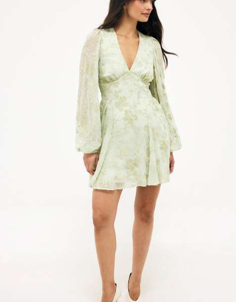 NA-KD Embroidered chiffon long sleeve mini dress in sage green - view 1