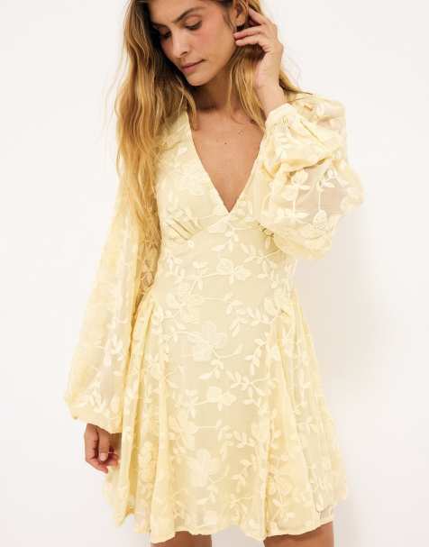 NA-KD Embroidered chiffon long sleeve mini dress in yellow - view 1