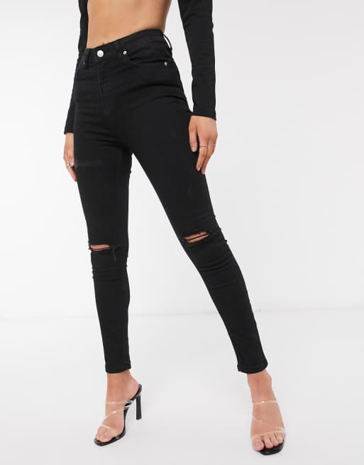 NA-KD – Enge Jeans mit hohem Bund und Zierrissen in Schwarz