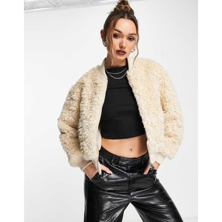 NA-KD faux fur bomber jacket in beige