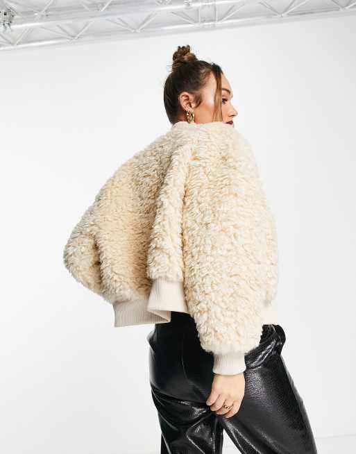 NA-KD faux fur bomber jacket in beige