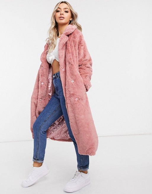 NA-KD faux fur coat in pink
