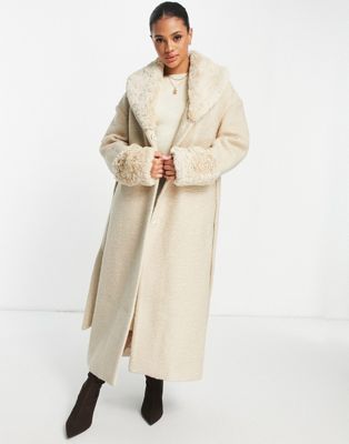 NA-KD faux fur collar and cuff coat with belt in beige