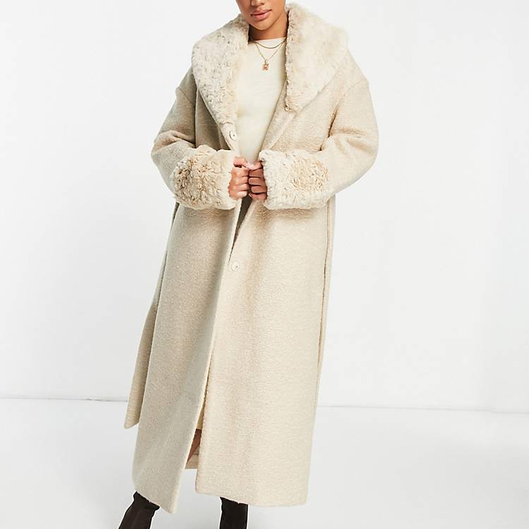 NA-KD faux fur collar and cuff coat with belt in beige