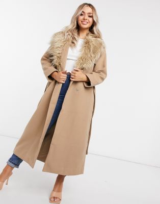 NA-KD faux fur collar coat in camel