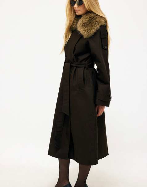 NA-KD Faux fur detail trenchcoat in dark brown - view 1