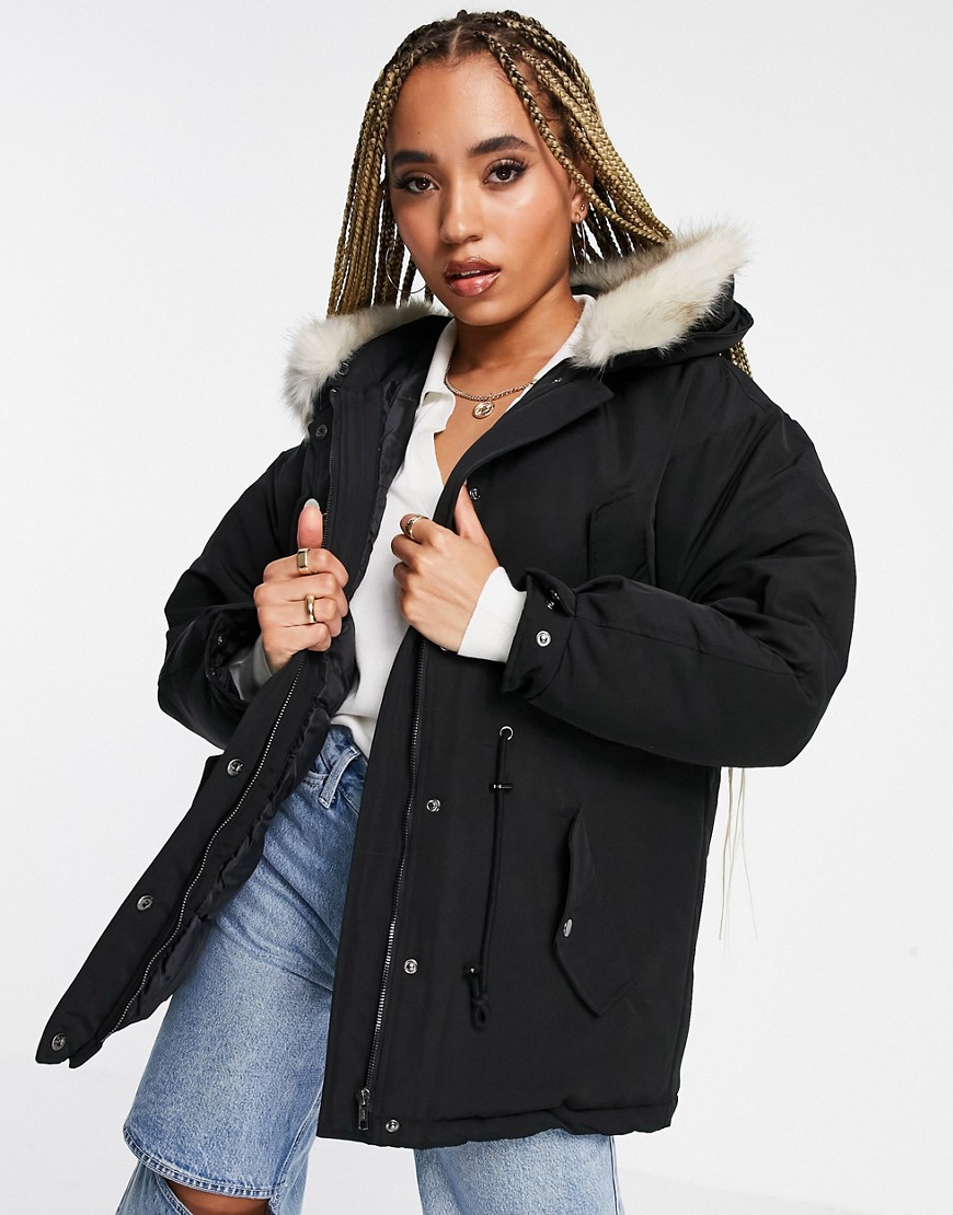 NA-KD faux fur drawstring jacket in black