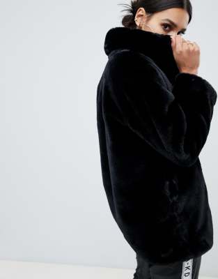 black fluffy coat with hood