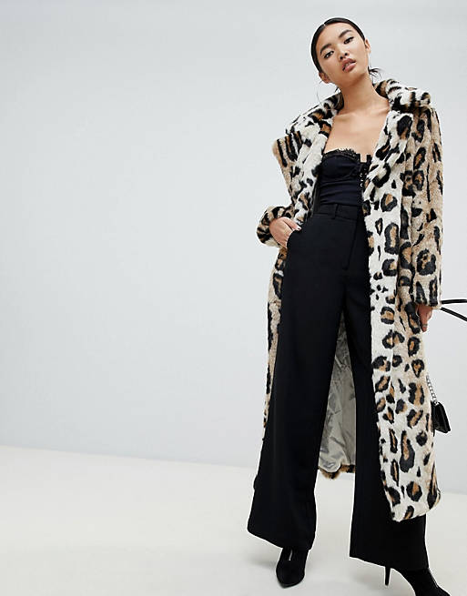 NA-KD faux fur leopard print long coat in brown
