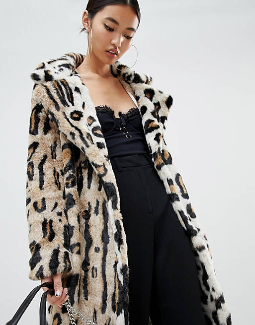 Na Kd Faux Fur Leopard Print Long Coat, Animal Faux Fur Long Coat