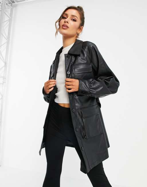 TOPSHOP Faux Shearling Oversized Car Jacket in Black