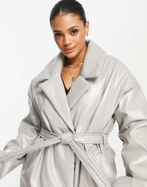 Faux Leather Belted Trench Coat