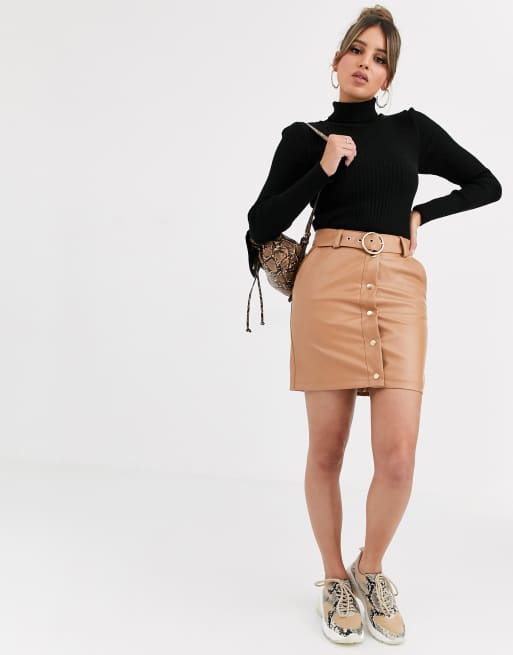 NA-KD faux leather button through mini skirt in tan