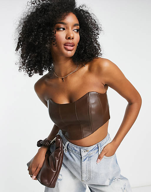 NA-KD faux leather corset top in brown