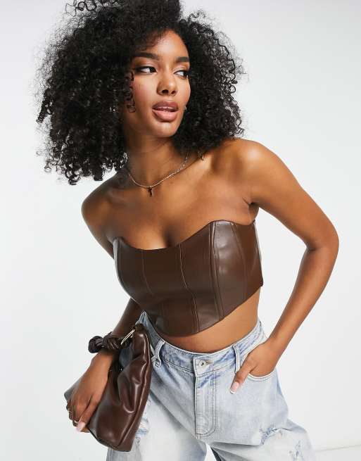 Ezra Faux Leather Corset Crop Top - Dark brown / XS