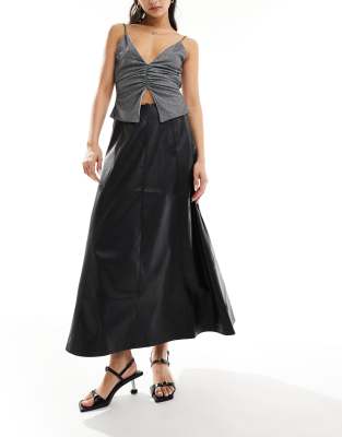 NA-KD NA-KD faux leather flowy midi skirt in black