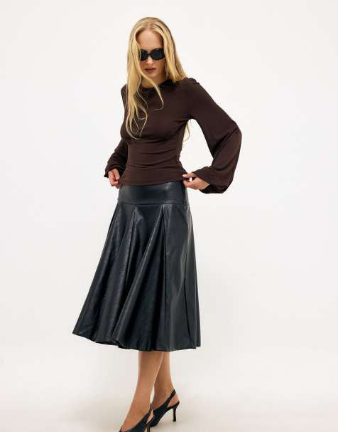 NA-KD Faux leather insert midi skirt in black - view 1