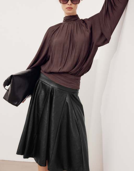 NA-KD Faux leather insert midi skirt in black, 4 of 5