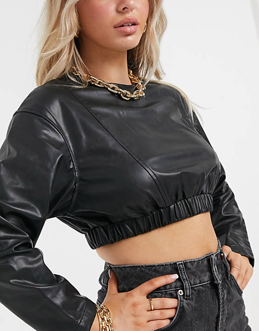 NA-KD faux leather long sleeve crop top in black
