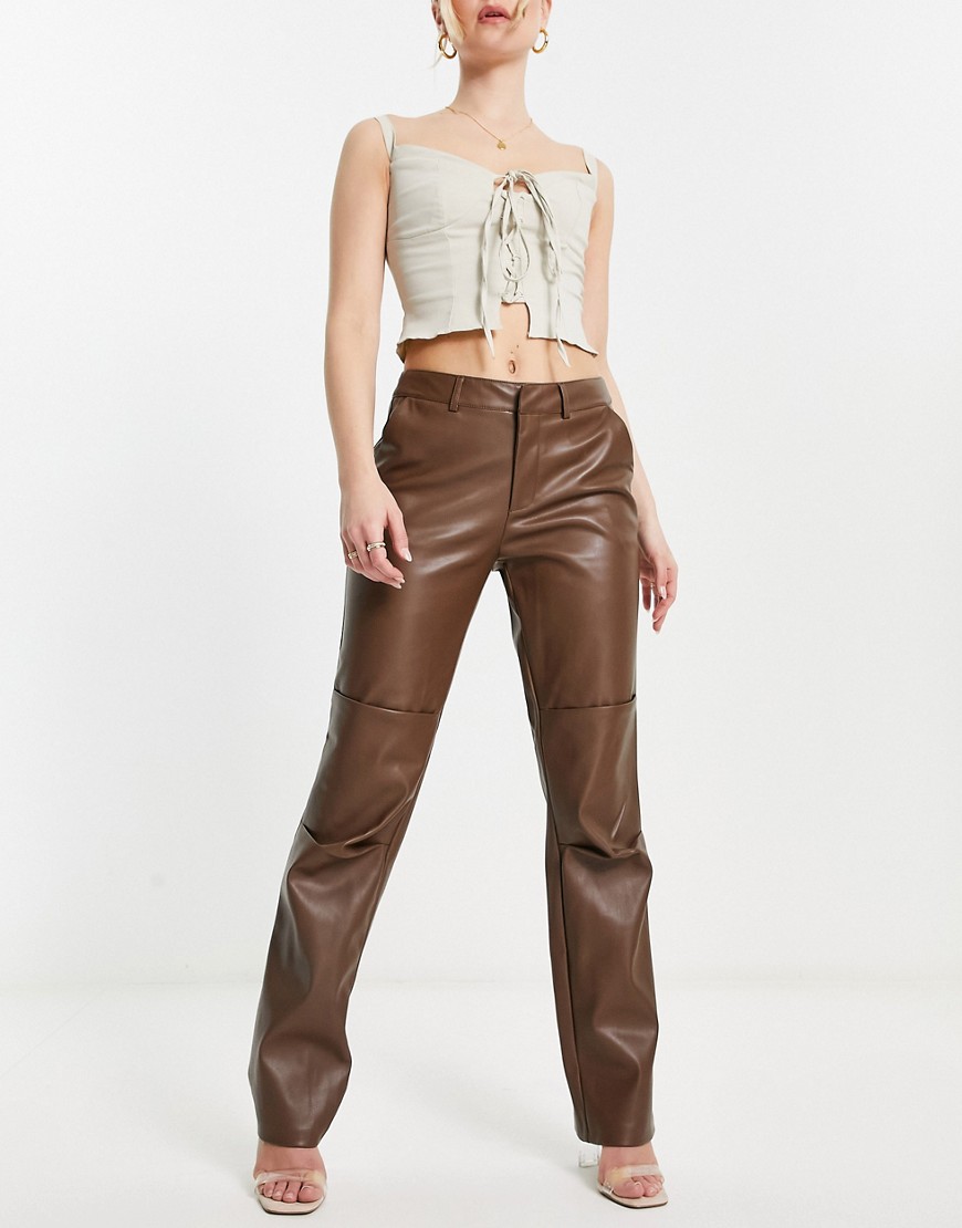 faux leather low rise pants in brown