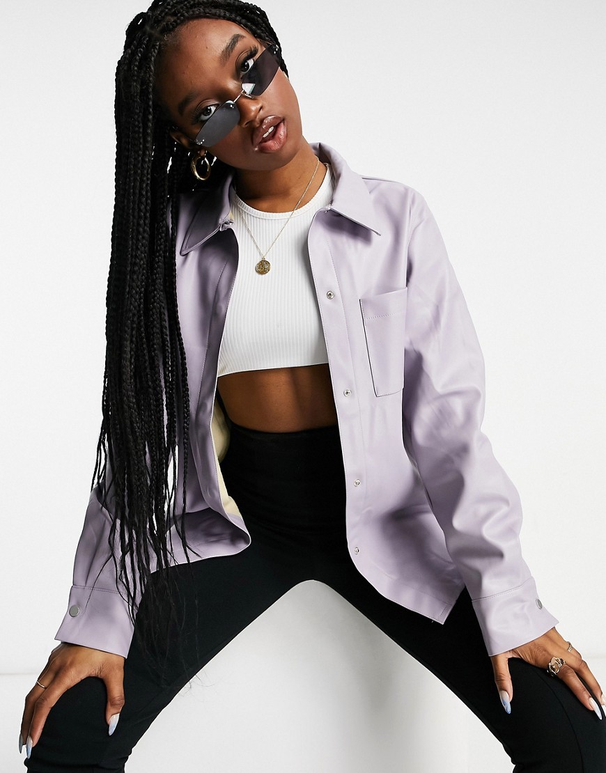 NA-KD faux leather pocket shirt in purple-White