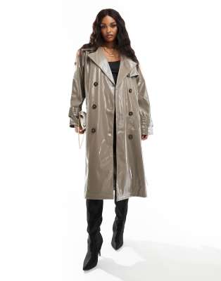 NA-KD faux leather padded long coat with hood in brown