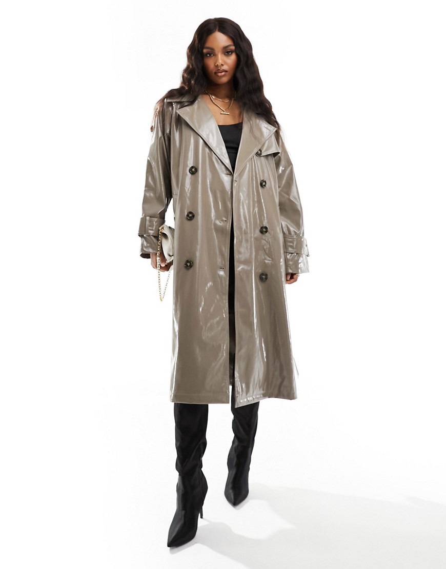 faux leather shiny belted trench coat in taupe-Neutral