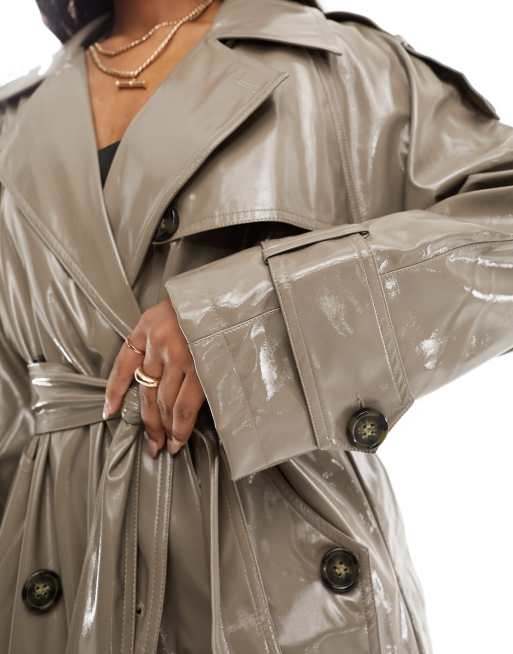 NA-KD faux leather shiny belted trench coat in taupe