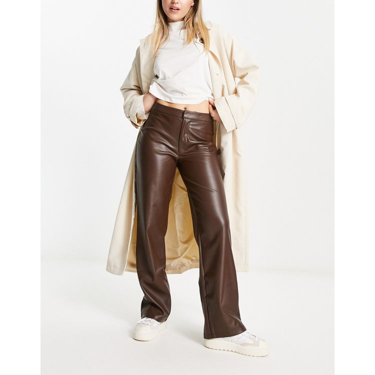 NA-KD faux leather straight leg pants in brown