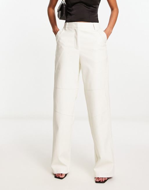 NA-KD faux leather straight leg pants in off white