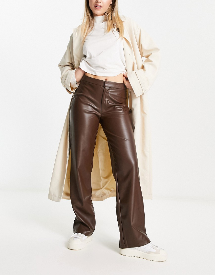 NA-KD faux leather straight leg trousers in brown