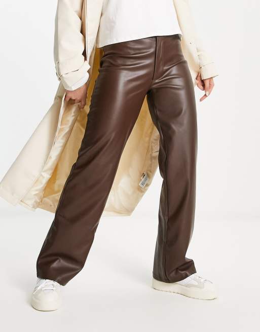NA-KD faux leather straight leg trousers in brown , 4 of 4