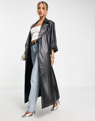 NA-KD faux leather trench coat in black