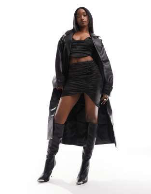 NA-KD faux leather trench coat in black