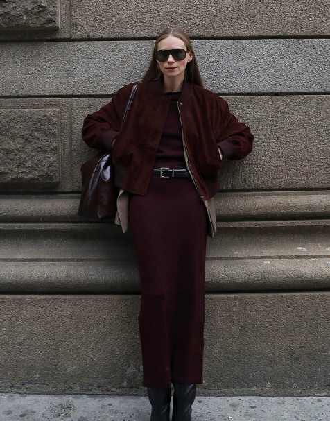 NA-KD Faux suede bomber jacket in burgundy - view 1
