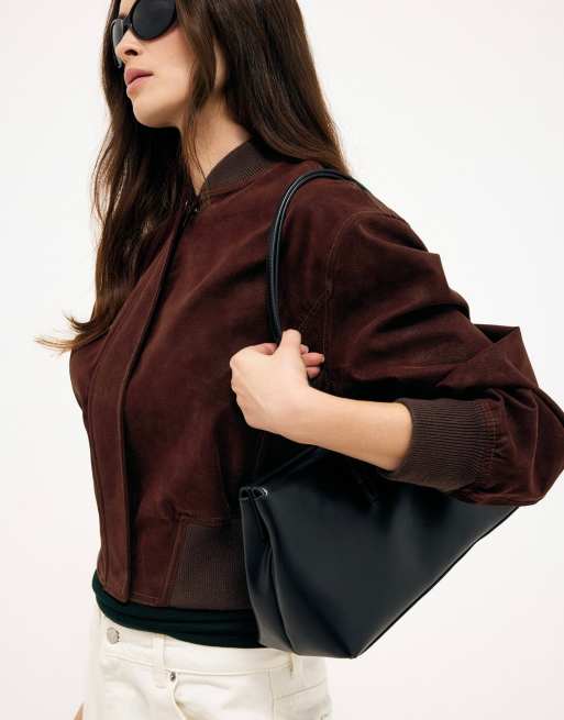 NA-KD Faux suede bomber jacket in burgundy, 4 of 5