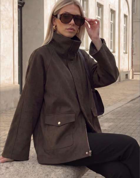 NA-KD Faux suede high neck jacket in brown - view 1
