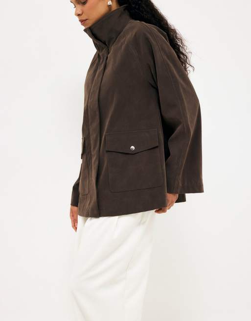 NA-KD Faux suede high neck jacket in khaki green, 4 of 5