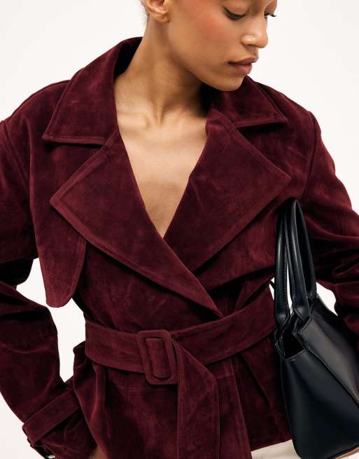 NA-KD Faux suede short trenchcoat in burgundy, 2 of 4