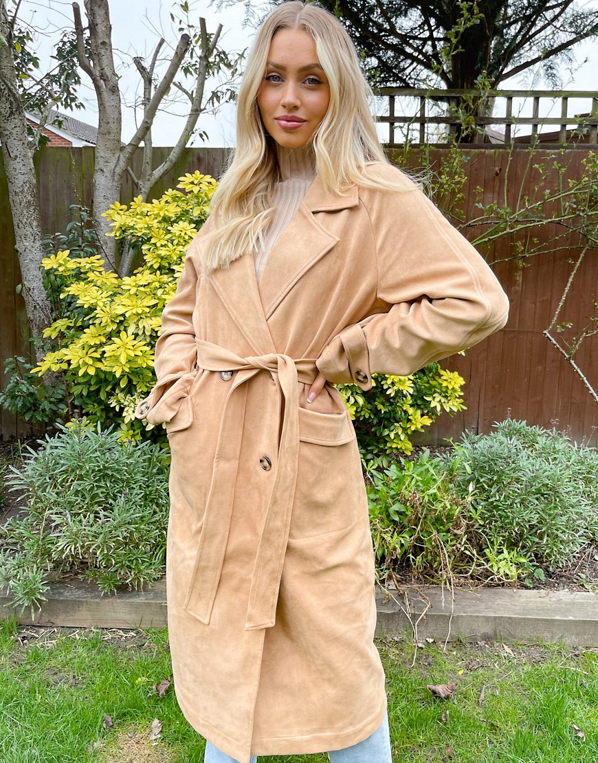 Na-kd Faux Suede Trench Coat In Beige-neutral