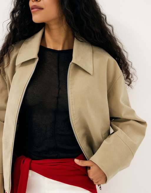 NA-KD Faux suede zip jacket in beige, 2 of 5
