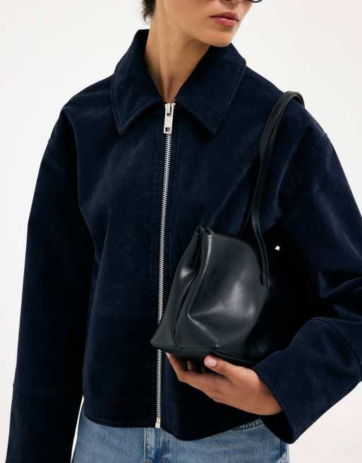 NA-KD Faux suede zip jacket in navy, 2 of 5
