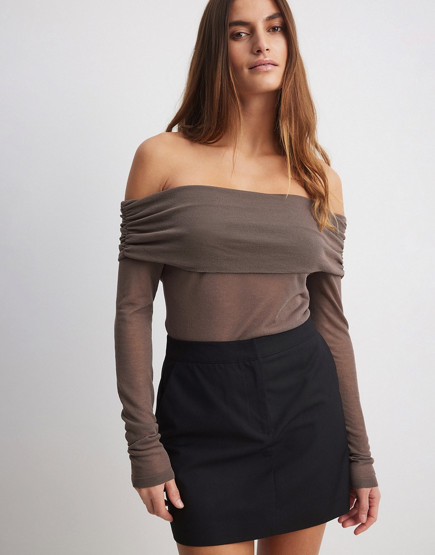 NA-KD fine knit draped neck top in light brown