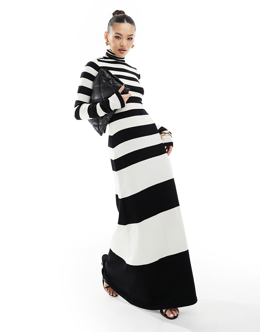 fine knit high neck maxi dress in black and white stripe